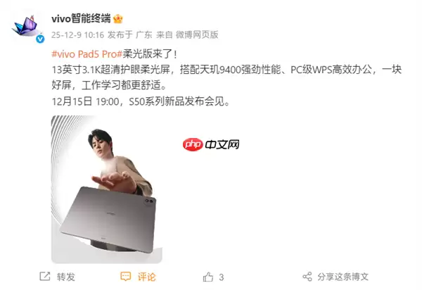 vivo Pad5 Pro柔光版12月15日发布：3.1K柔光屏+天玑9400