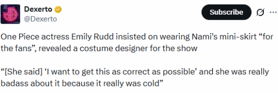 为艺术献身!《海贼王》真人版娜美演员冬天坚持穿迷你裙拍戏