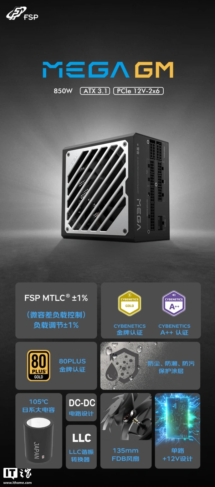 全汉 MEGA GM 850W 金牌全模组电源开启预约：可选 850/1000/1200W，首发 899 元起